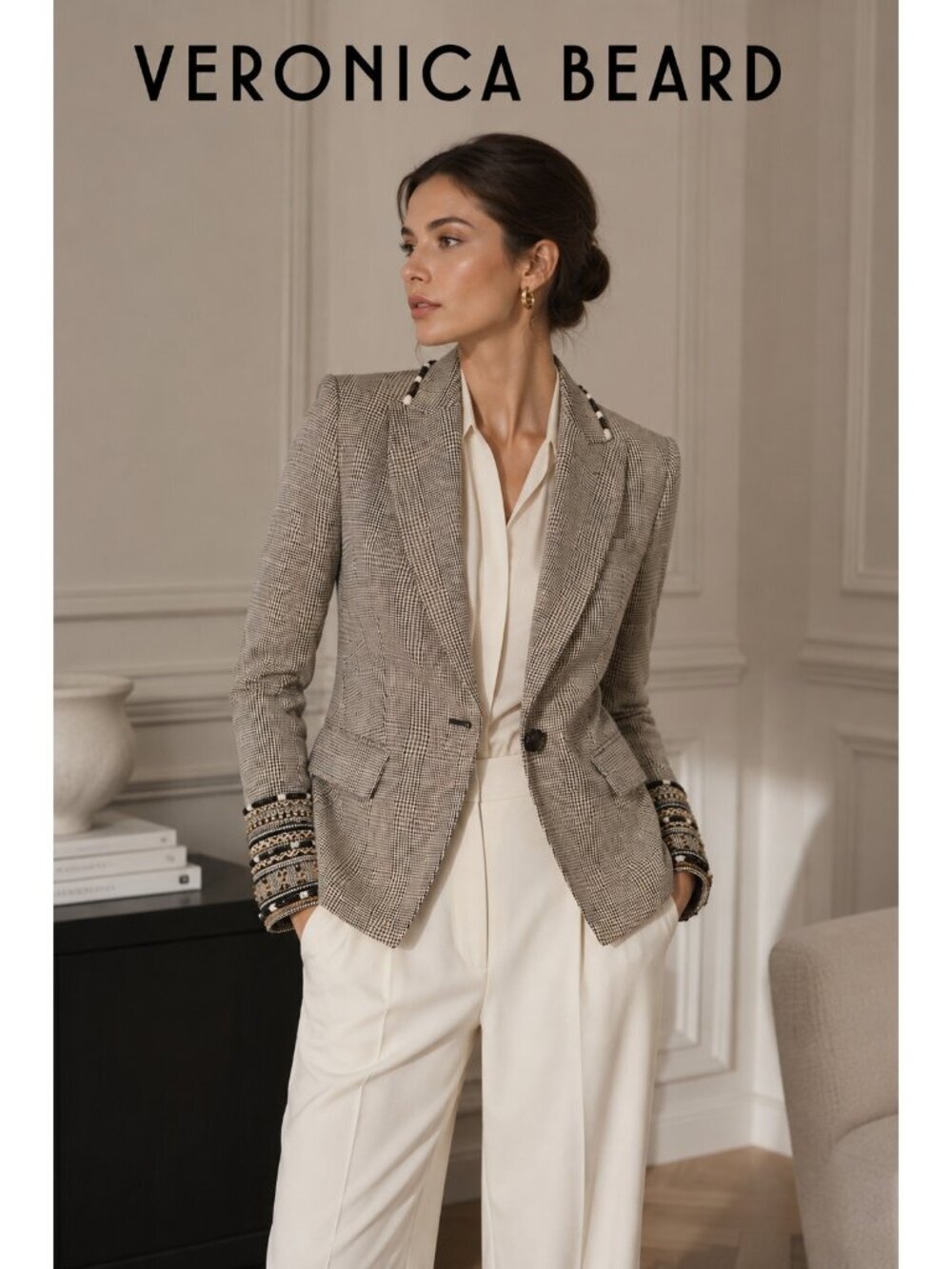 Veronica Beard Beaded Cuff Glen Plaid Linen Blend Blazer Jacket Size 00